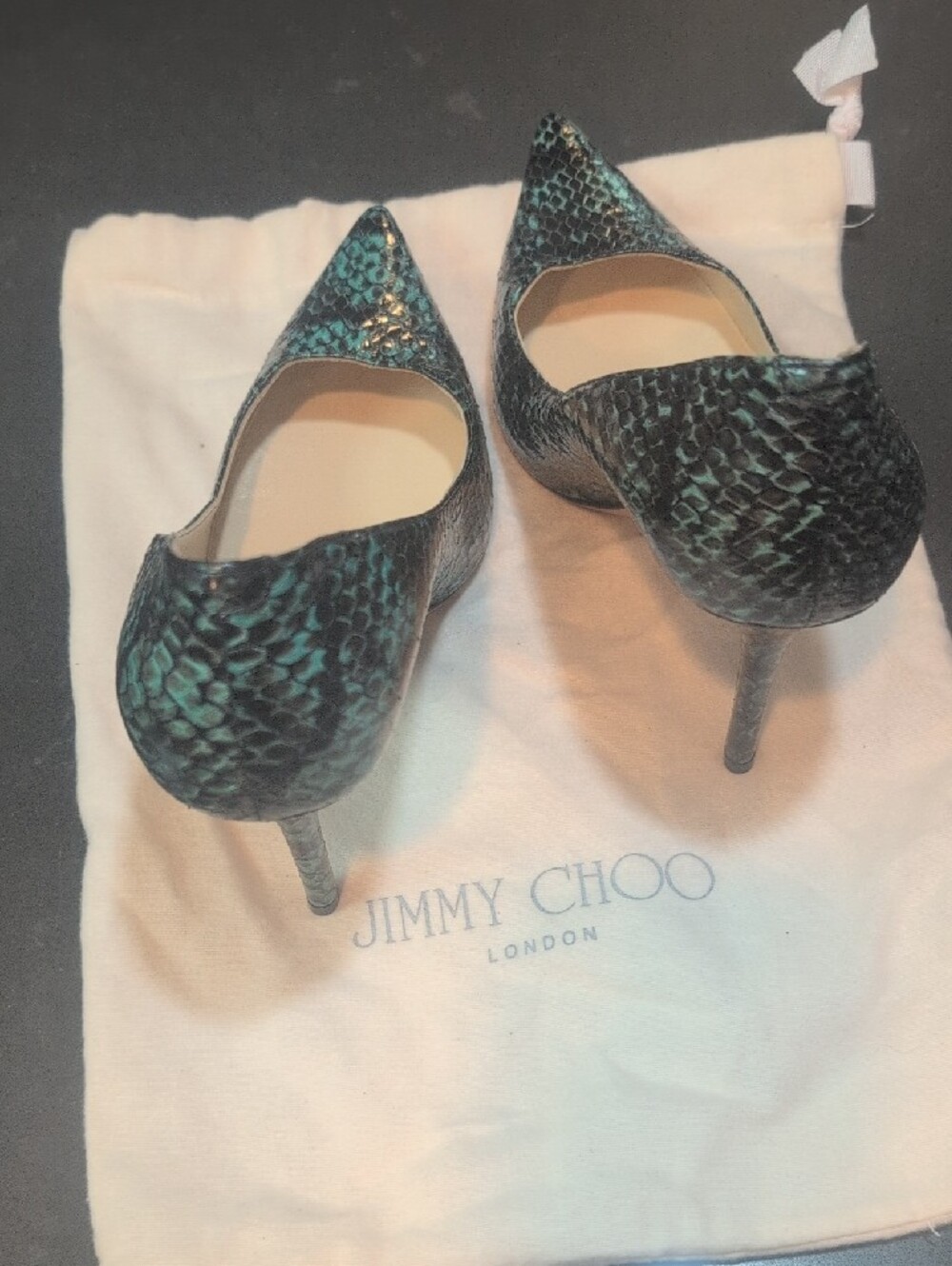 Jimmy Choo Teal Green Snakeskin Pointed-Toe Pumps - Picture 3 of 4